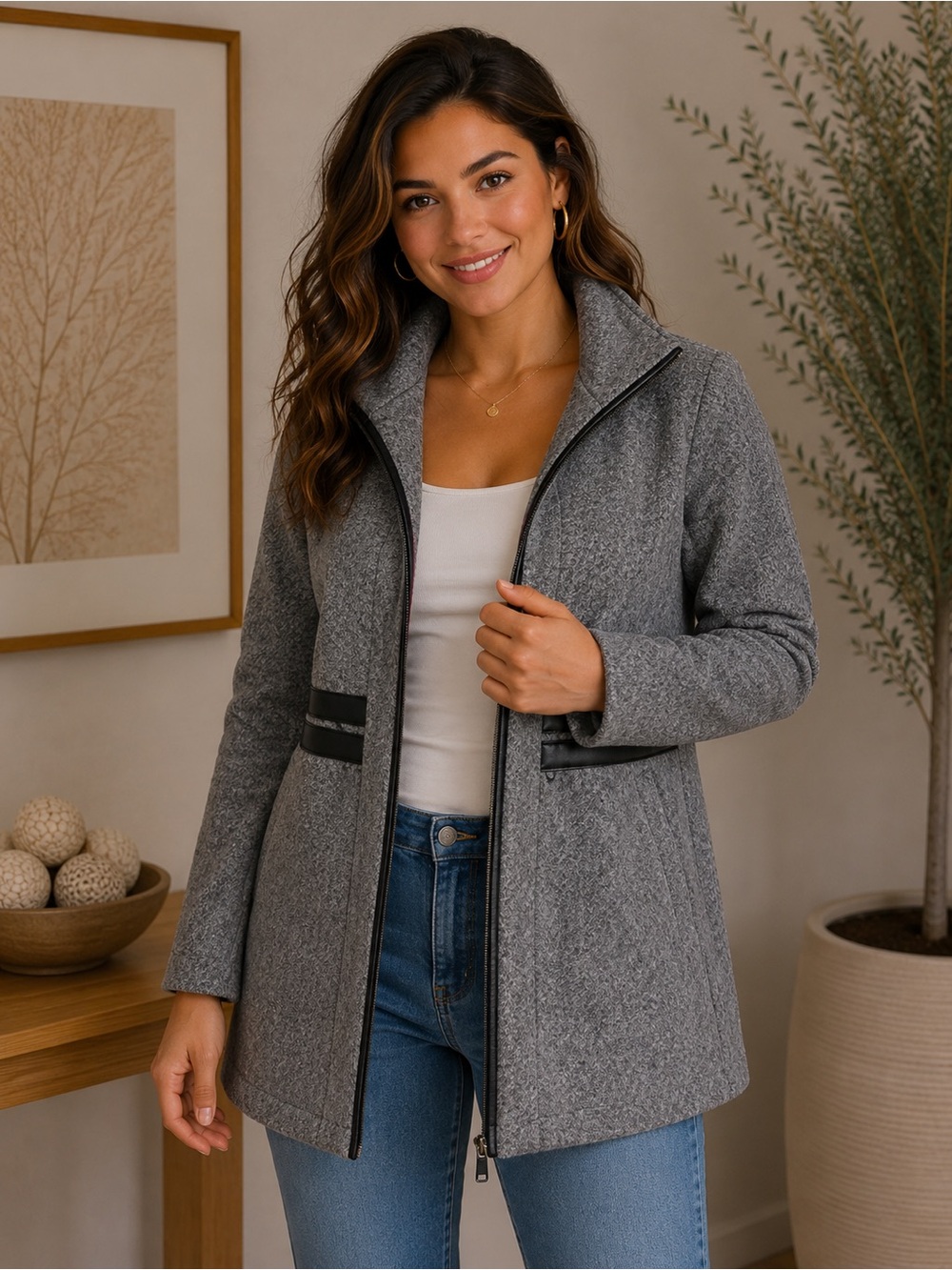 INTL d.e.t.a.i.l.s Tweed Zip-Front Winter Coat - Faux Leather Trim Accent-Small